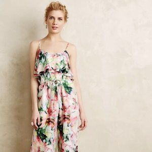 Anthropologie Fleur Wood Ikebana Silk Floral Ruffle Jumpsuit Size S